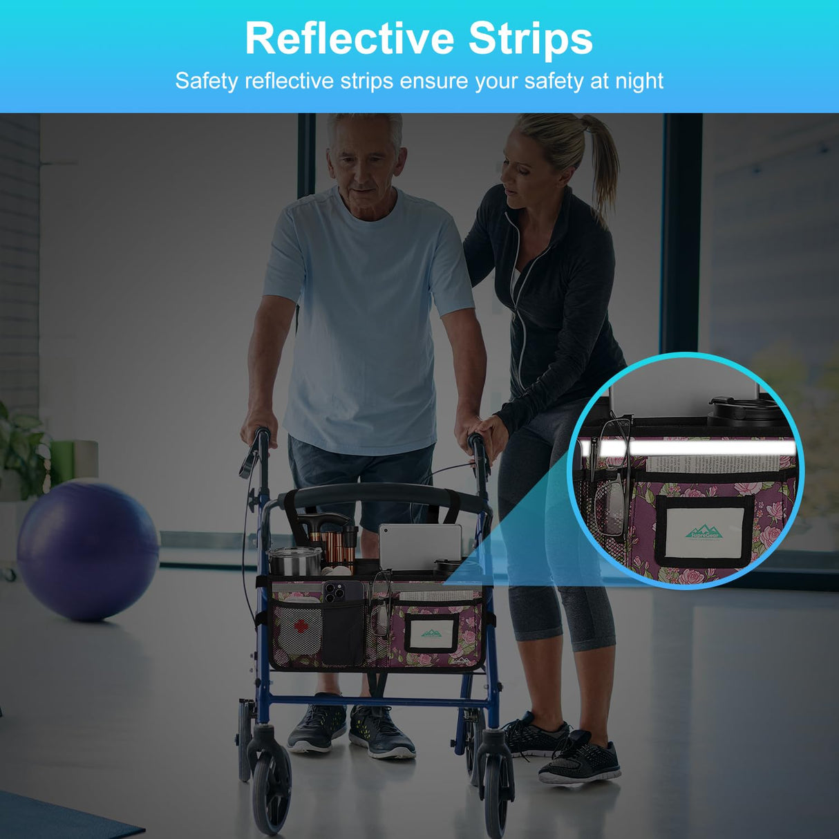 Rollator Basket, supregear Rollator Walker Bag w/Cup Holder, Foldable Rolling Walker Waterproof Storage Pouch with Big Capacity & Never Tipping Over, Easy to Use Rollator Accessories for Seniors