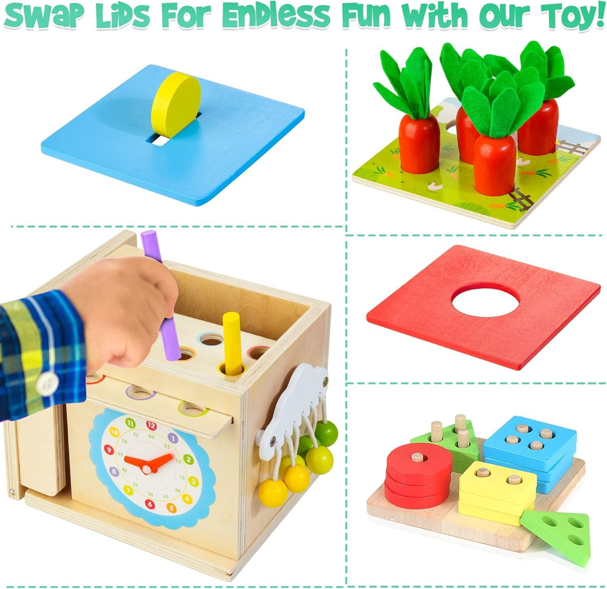 Kizfarm Wooden Montessori Baby Toys, 8-in-1 Wooden Play Kit Includes Object Permanent Box, Coin Box, Carrot Harvest, Shape Sorting & Stacking - Christmas Birthday Gift for Boys Girls Toddlers