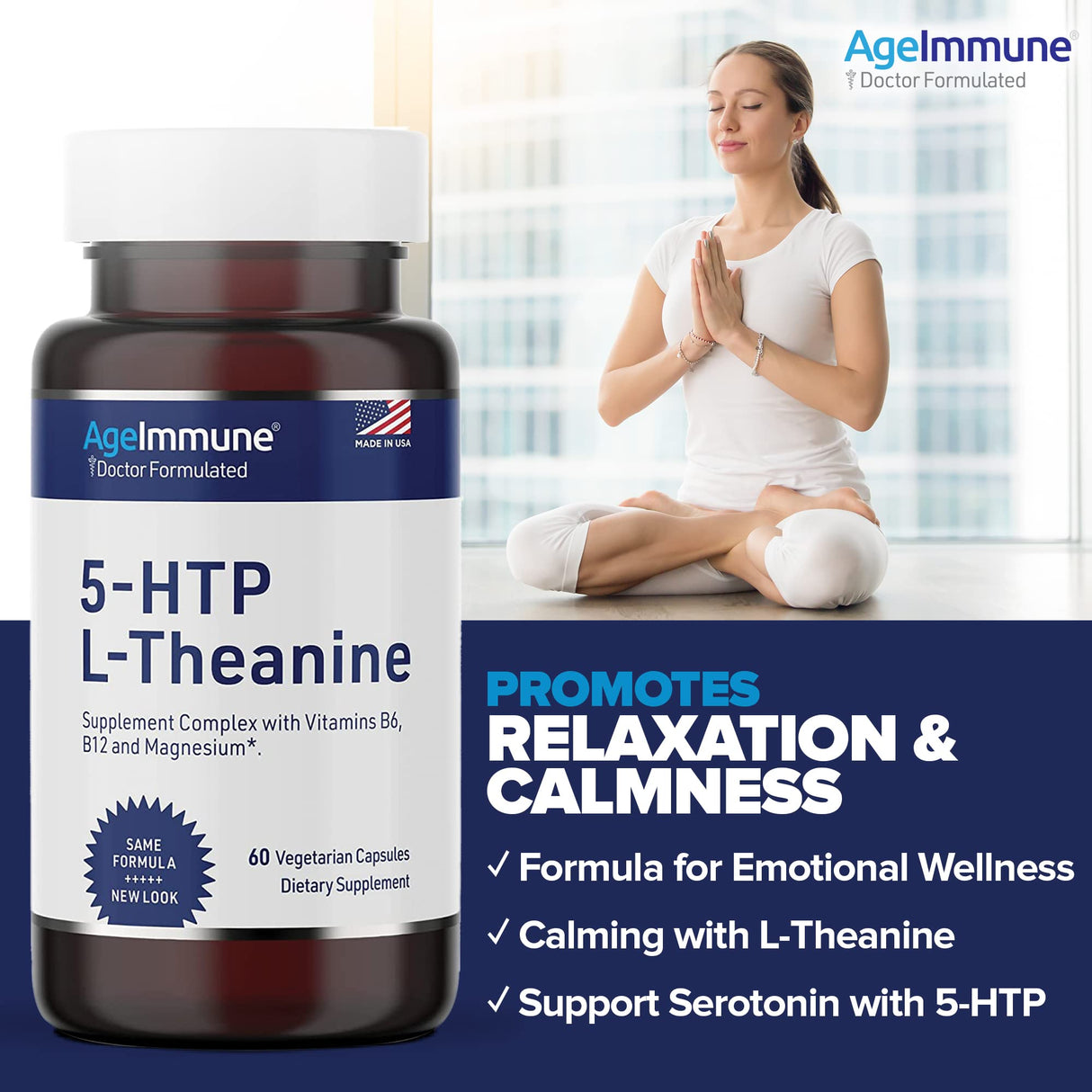 5-HTP Formula for Stress Relief and relaxation support for Teens and Adults with 5-HTP, L-Theanine, Vitamin B6, Vitamin B12, Magnesium - Doctor Formulated - Magnesium Stearate Free - 60 capsules.