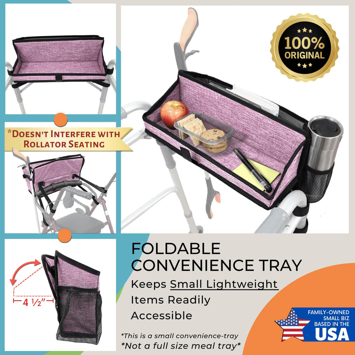 Walker Basket for Folding Walker with Flip-Down Walker Tray | Handy Cane/Reacher Strap & Cup Holder | Walker Bags for Folding Walker with Wheels, Organizer for Walker Accessories for Walker CaddyPlum