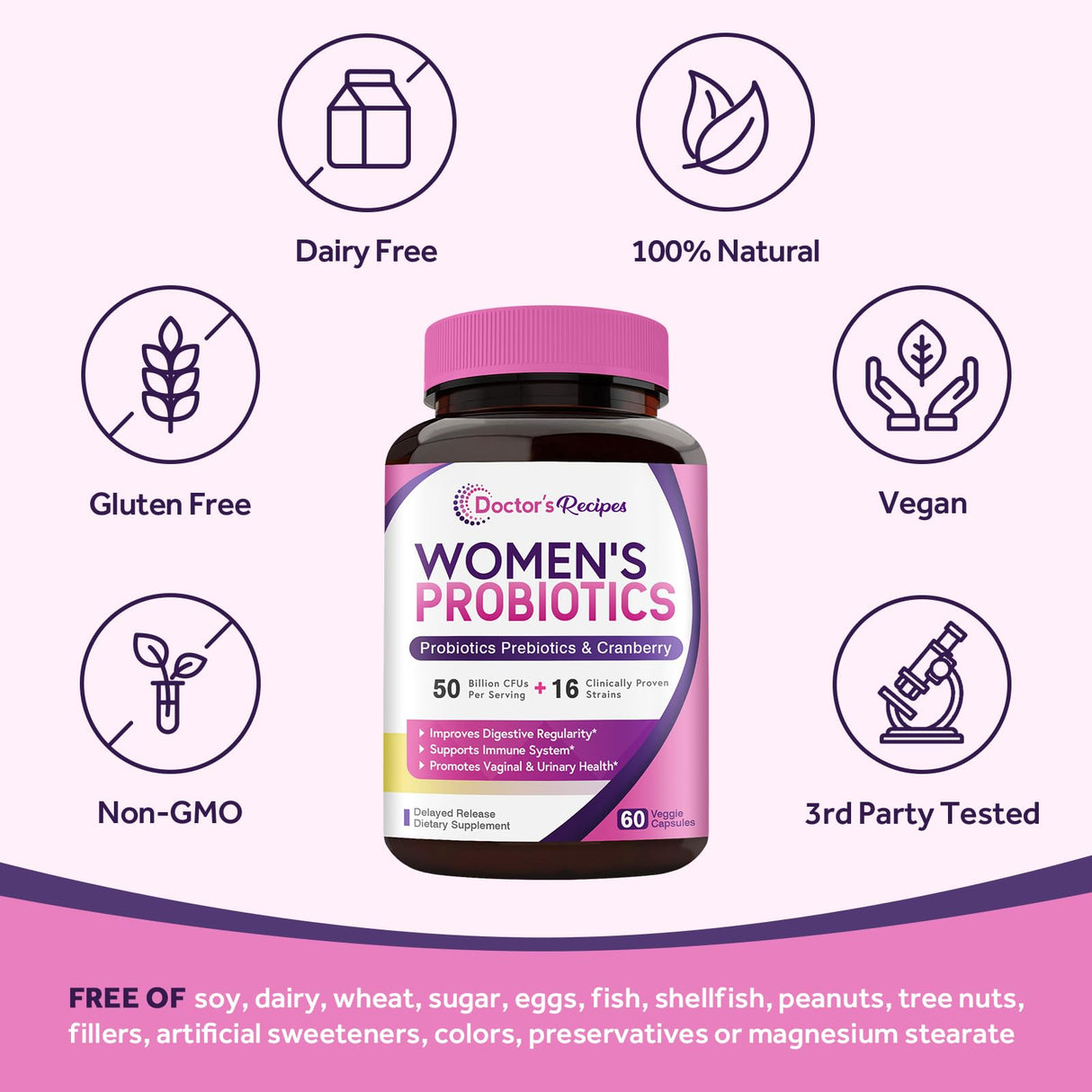 Doctor's Recipes Women's Probiotics, 50 Billion CFU 16 Strains, with Organic Prebiotics Cranberry, Shelf Stable, Delayed Release, 120 Capsules (Pack of 2), 60 Day Supply