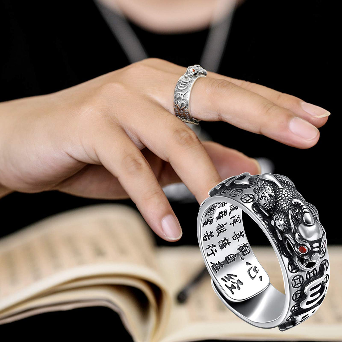 HJ HUAJ 990 Silver Feng Shui PiXiu Adjustable Ring MANI Mantra Protection Wealth Ring