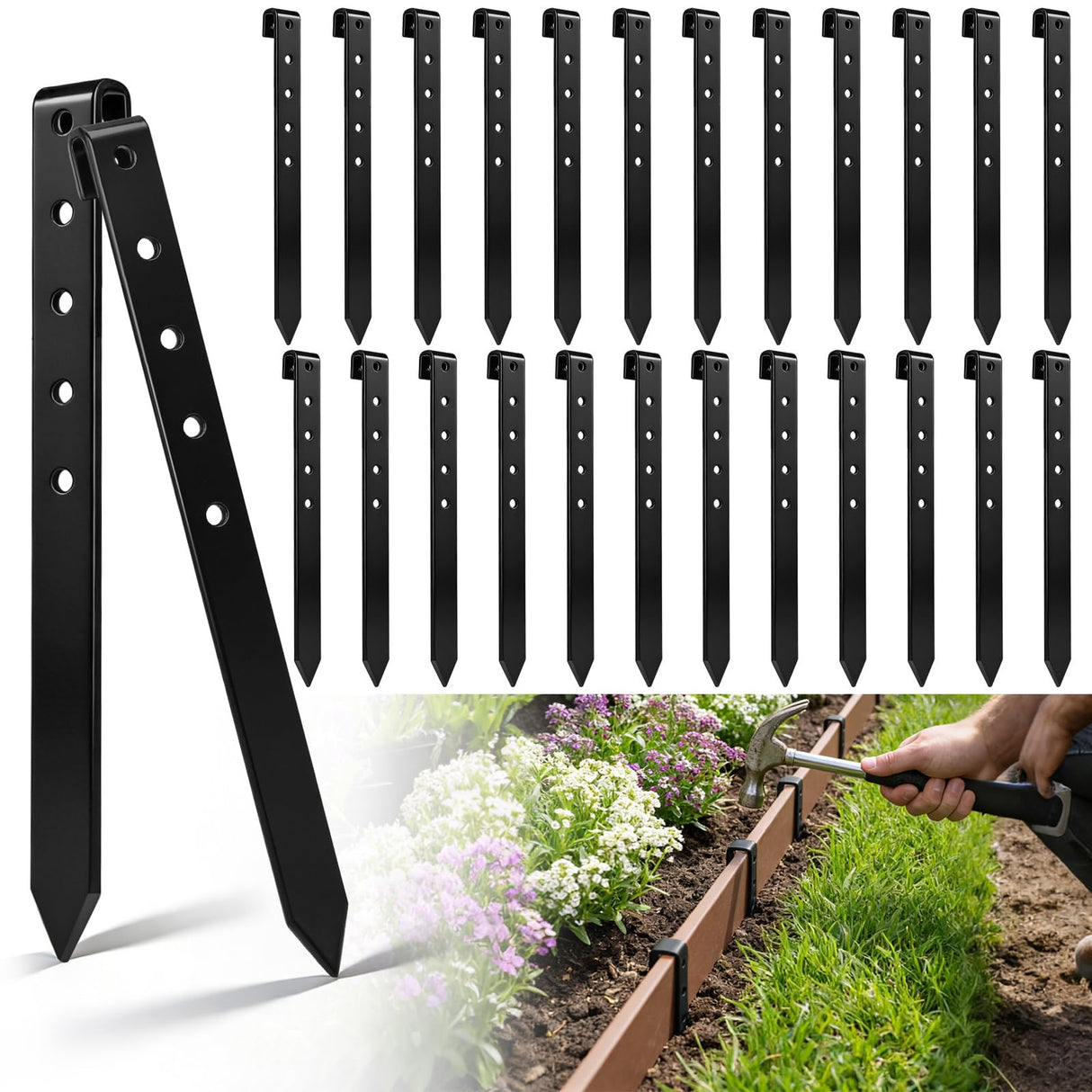 Fumete 36 Pcs 10'' Metal Landscape Stakes Bulk Garden Ground Edging Spikes with Holes Heavy Duty Anchoring Spike Carbon Steel Lawn Stake for Flowerbed Edging Grass Board Barrier Yard(Black)
