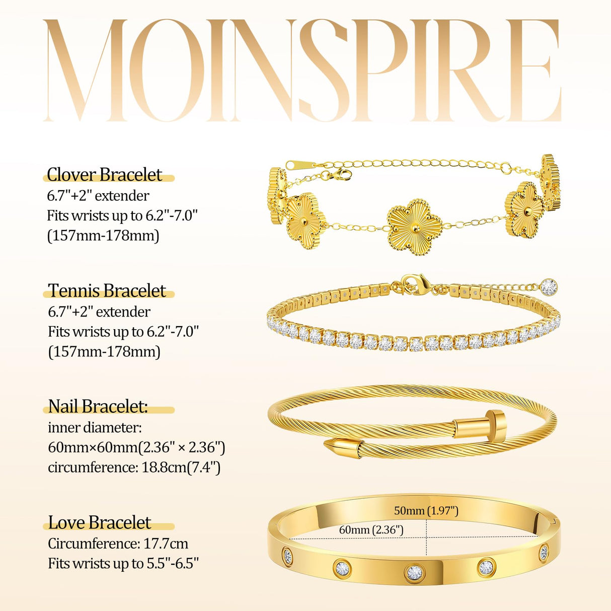 MOINSPIRE 18K Gold Plated Bracelets for Women, Stainless Steel Four Leaf Clover Tennis Nail Love Bangle Bracelets Set, Trendy Stackable Twist Cuff Bracelet Non Tarnish Jewelry Gifts Choice