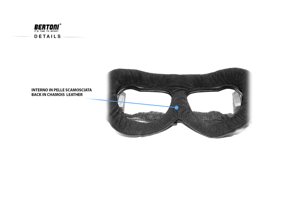 Bertoni Motorcycle Goggles Real Black Calfskin Leather AF191L Italy Vintage Aviator Bikers Glasses