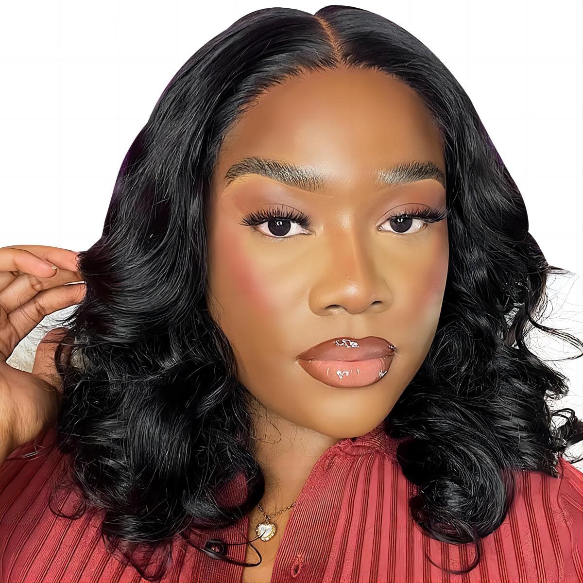 ISEE Wear and Go Glueless Wigs Human Hair Pre Plucked Pre Cut Short Bob Body Wave Lace Front Wigs Human Hair for Women Upgraded Glueless Bob Wig No Glue 6x4 HD Lace Closure Wigs (12 Inch)