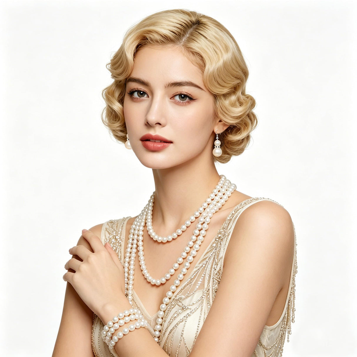 Long Pearl Necklace for Women Layered Cream White Faux Pearl Beads Strand Necklace Pear Stretch Bracelets Earring Costume Jewelry Set,3Pcs,Christmas Jewelry for Women