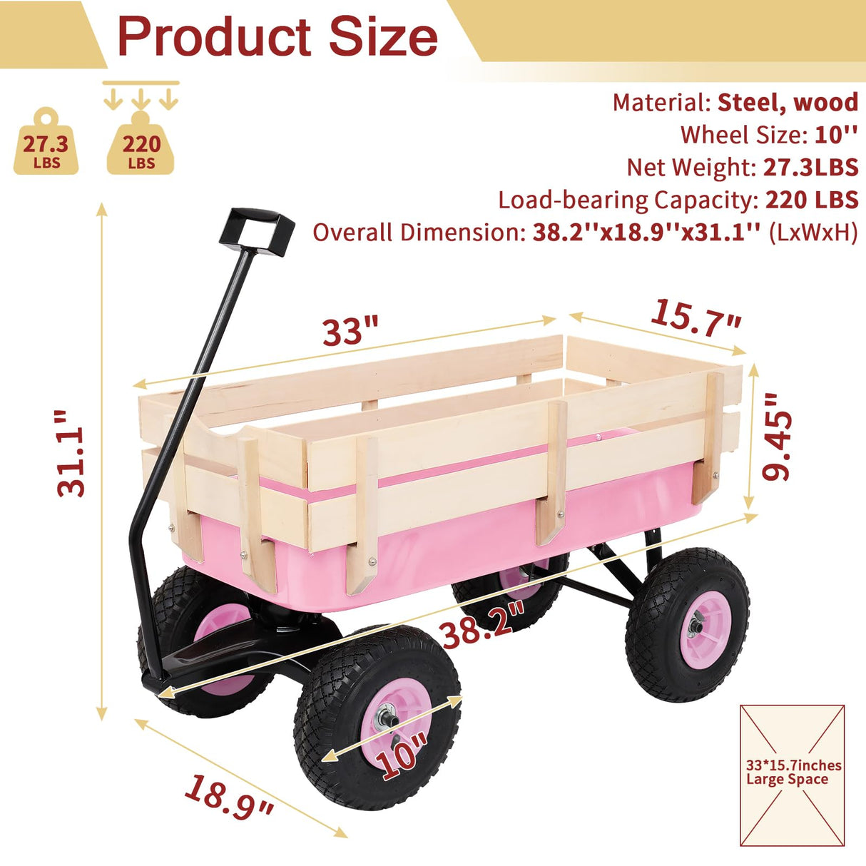 Outvita All-Terrain Cargo Wagon, 220lbs Load Utility Cart for Kids, Pink