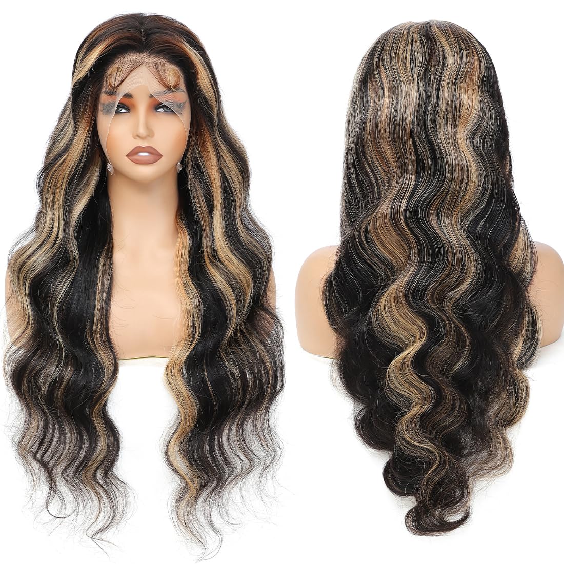 30 Inch 1B/27 13x6 Balayage Highlight Ombre Body Wave Lace Front Wigs Human Hair Honey Blonde Colored Lace Frontal Glueless Wigs Human Hair Pre Plucked for Women with Baby Hair