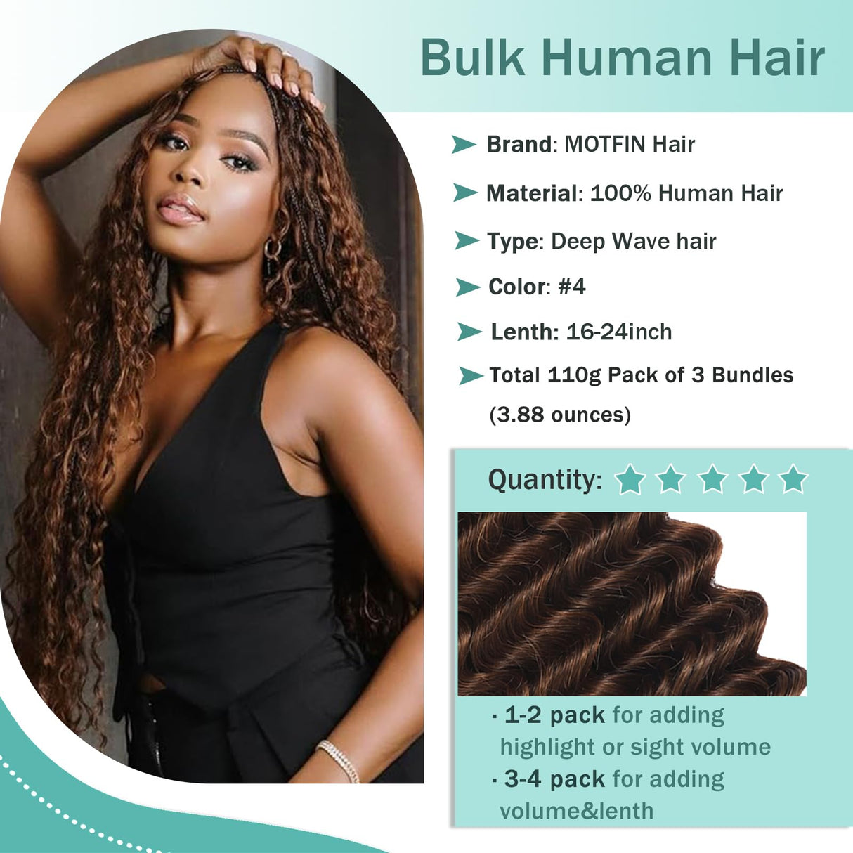 Human Braiding Hair for Boho Braids Human Hair 110g 20 Inch Curly Boho Hair for Braiding Knotless 12A Deep Wave Bohemian 3 Bundles/Pack Chocolate Brown