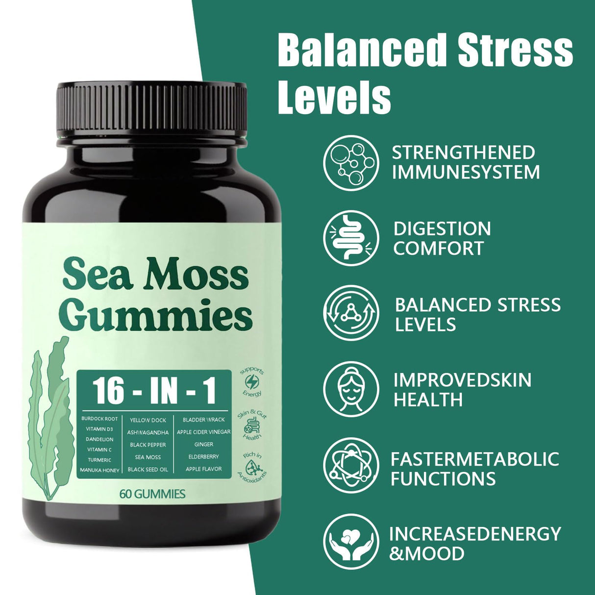 Hemdnt Sea Moss Gummies 16-in-1, with Bladderwrack & Burdock Root, Organic Immune Support, Energy, Digestion – Vegan, Non-GMO, Gluten-Free (60 Gummies)