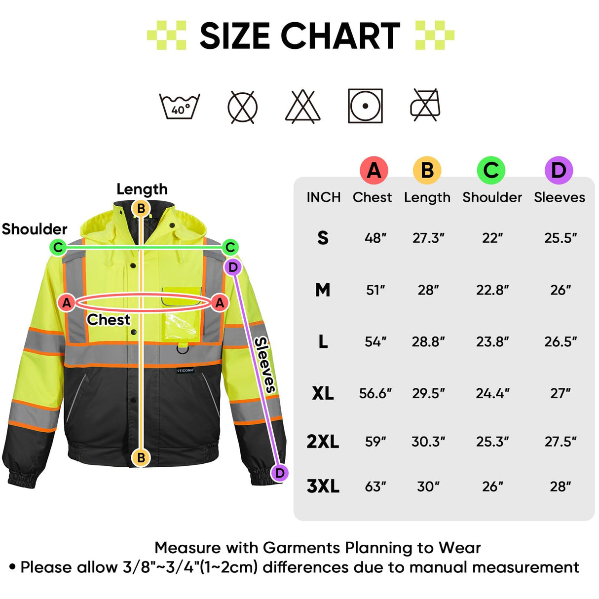 TICONN Waterproof Safety Bomber Jacket, Winter Rain Jacket Hi Vis Reflective, ANSI Class 3 Work Rain Coat (Orange, 2XL)
