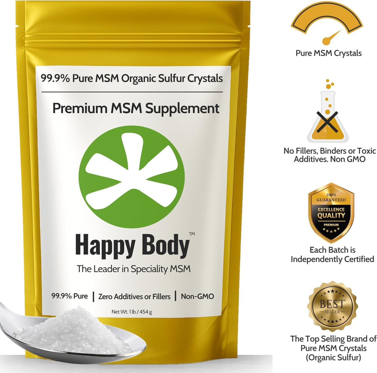 Organic Sulfur Crystals - 99% Pure MSM Crystals, Premium MSM Supplement - Excellent Quality and Absorption. 1 LB Pack.