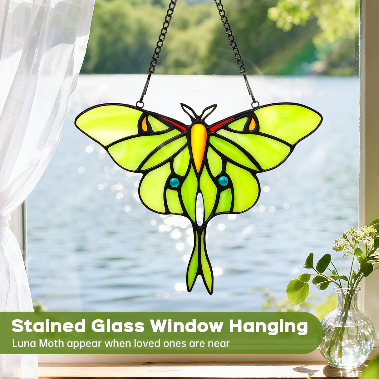 Stained Glass Window Hanging Luna Moth Suncatcher, IDEA SHOW 7.3Inch Handmade Real Glass Butterfly Suncatcher Ornament for Home Decor, Elegant Green Butterfly Memorial Gift for Women, Mom, Grandma