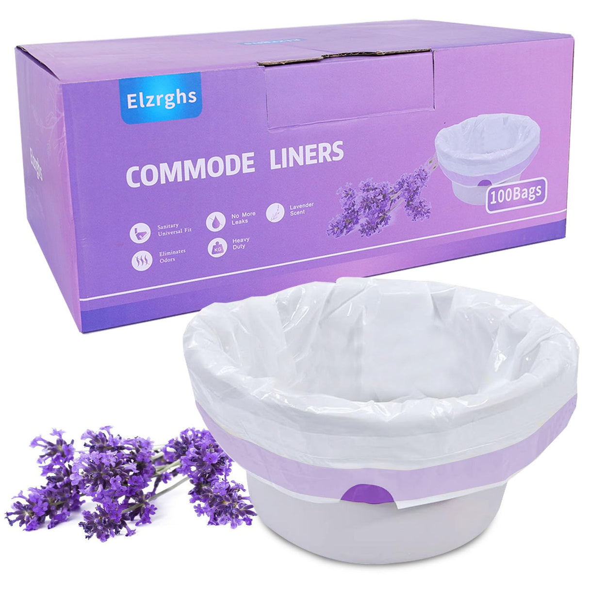 Elzrghs Commode Liners for Bedside Commode, Portable Toilet, Bed Pan, 100 Count Lavender Scented Disposable Potty Chair Liners