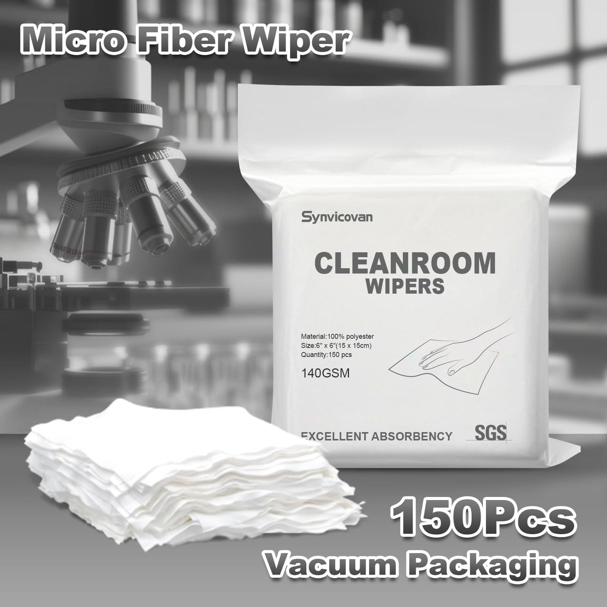 Cleanroom Wipers 6"x6"(150 Pcs, 100% Polyester, Class 100, 140GSM) Double Knit 100% Lint Free Cloths with Ultra-fine Filaments, Laser Sealed Edge Ultra-Soft Wipers