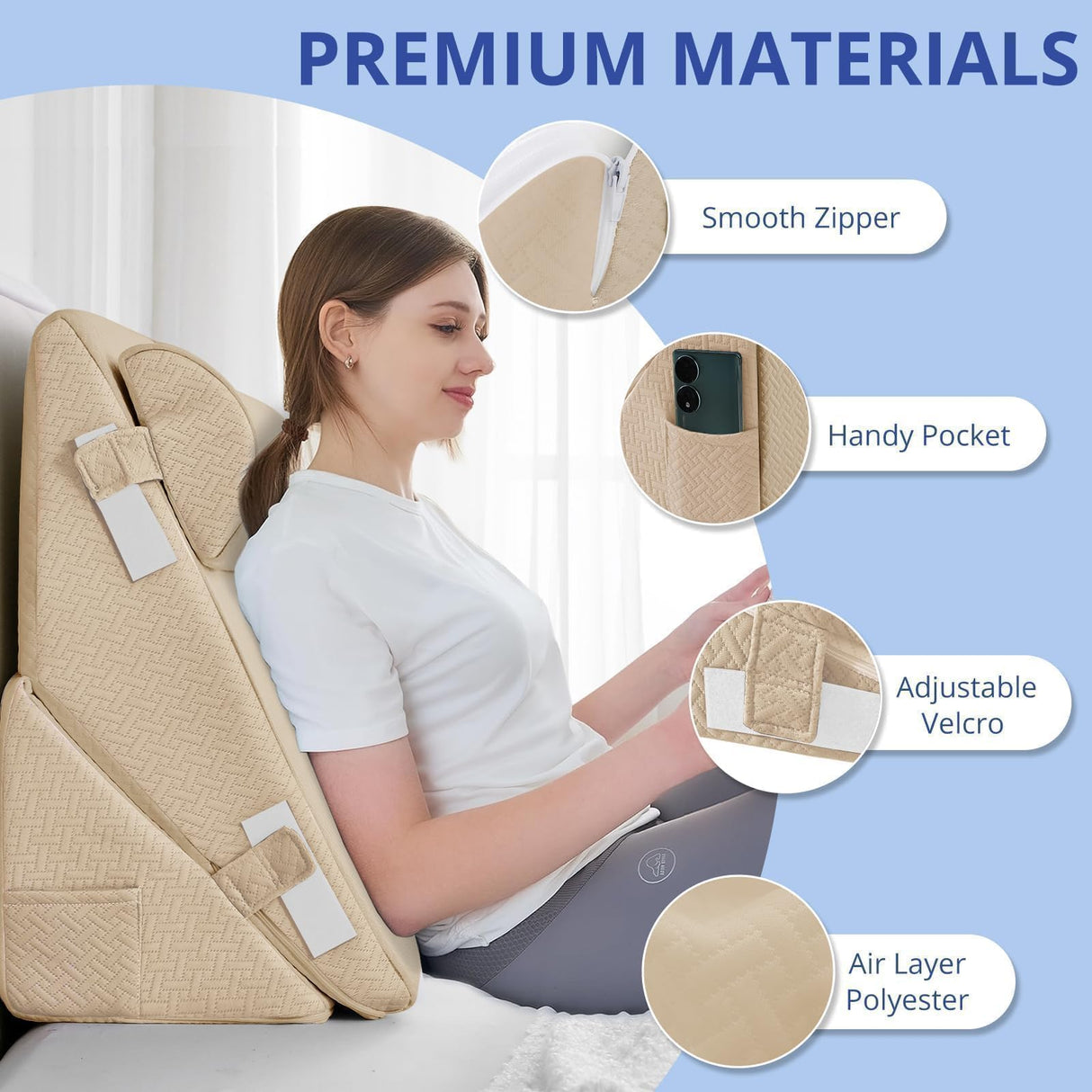 Sasttie Wedge Pillow Set for After Surgery, Adjustable Orthopedic Bed Wedge Pillow Set for After Surgery, Sleeping, Acid Reflux, Back Pain, and Recovery, Beige