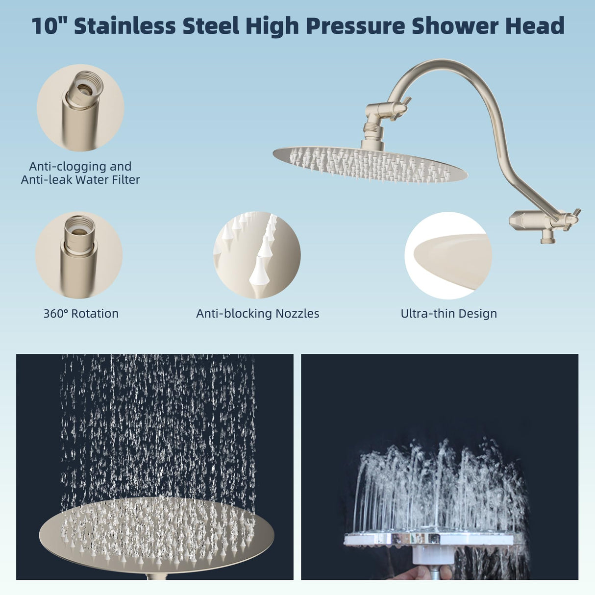 Hibbent All Metal CUPC Certified Shower Head, 10'' High Pressure Rainfall Shower Head, Handheld Showerhead Combo with 12'' Adjustable Extension Arm, 10-Spray, 71'' Hose, Shower Holder, Brushed Nickel