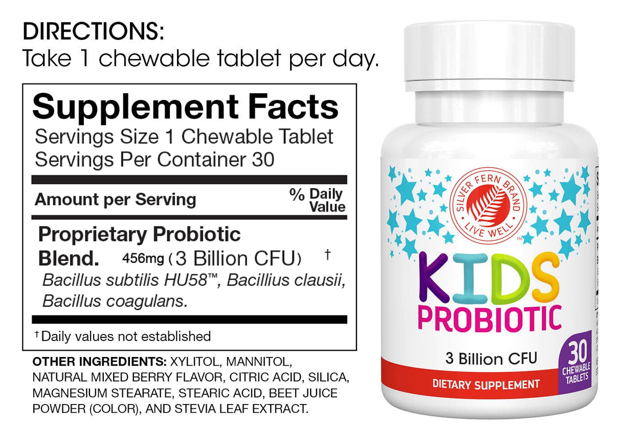 Silver Fern Brand Kids Ultimate Probiotic - 2 Bottles - 30 Chewable Tablets Each - Sugar & Gluten Free - Children's Dietary Supplement - DNA & Survivability Verified - Digestive & Immune Support