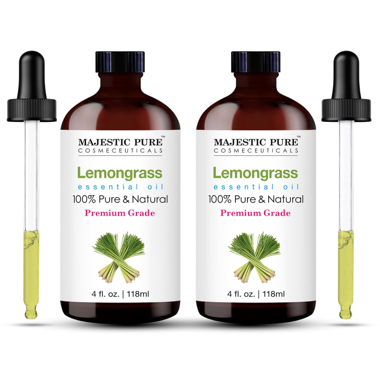 MAJESTIC PURE Lemongrass Essential Oil | 100% Pure and Natural Oil | Premium Grade Essential Oils for Hair Care, Home Diffusers, Skin, Aromatherapy, Massage and Humidifiers | 4 Fl Oz (Pack of 2)