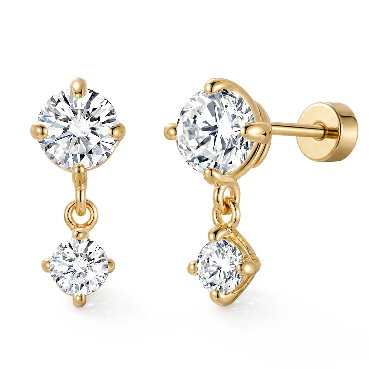 ASHINE 14K Gold Plated Dangle Flat Back Stud Earrings, Sterling Silver Posts Hypoallergenic Tragus Helix Piercing Jewelry, Gold Stud Tragus Cartilage Earrings for Women (Round Gold)