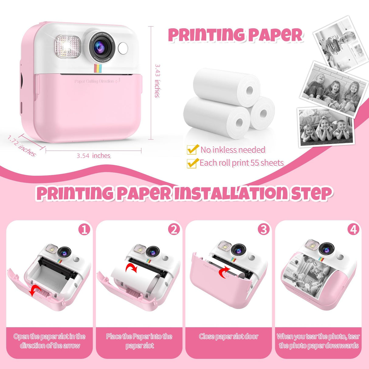 BOFIDAR Instant Print Camera for Kids, Christmas Birthday Gifts for Girls Age 3-10, Toddler Toy for 3 4 5 6 7 8 9 10 Year Old Girls with 3 Roller Photo Paper (Pink)