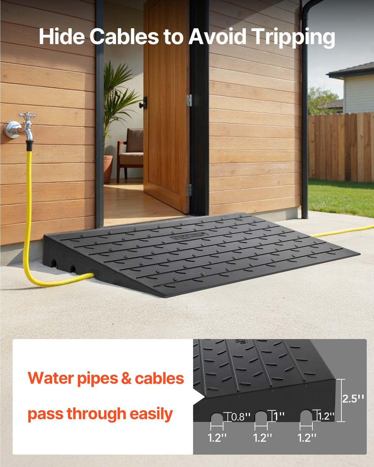 VEVOR Rubber Threshold Ramp for Doorway 2.5" Rise, 3 Channels Cord Cover Curb Ramp, Angled Entry Rated 2200 Lbs Load Capacity Rubber Ramp for Wheelchair and Scooter