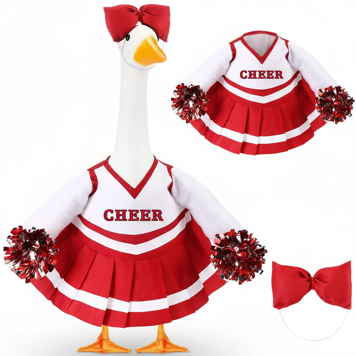 Sunnymove 2 Pcs Cheerleader Porch Goose Outfit Classroom Clothes Cheerleading Costume with Pom Poms and Bow for 23" Lawn Cement Goose Halloween Garden Yard Outdoor Classroom Decorations (Red)