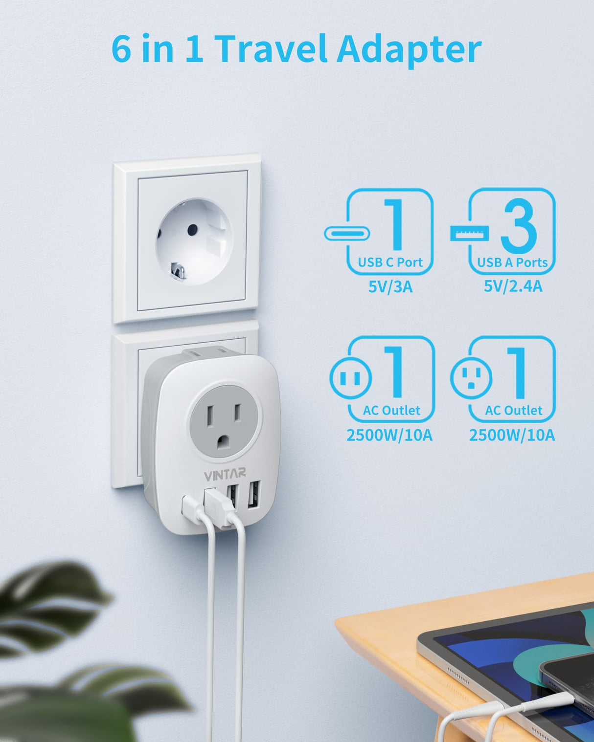 2 Pack European Travel Plug Adapter, VINTAR International Power Plug Adapter with 1 USB C, 2 American Outlets and 3 USB Ports, 6 in 1 Travel Essentials to Most of Europe Greece, Italy(Type C)