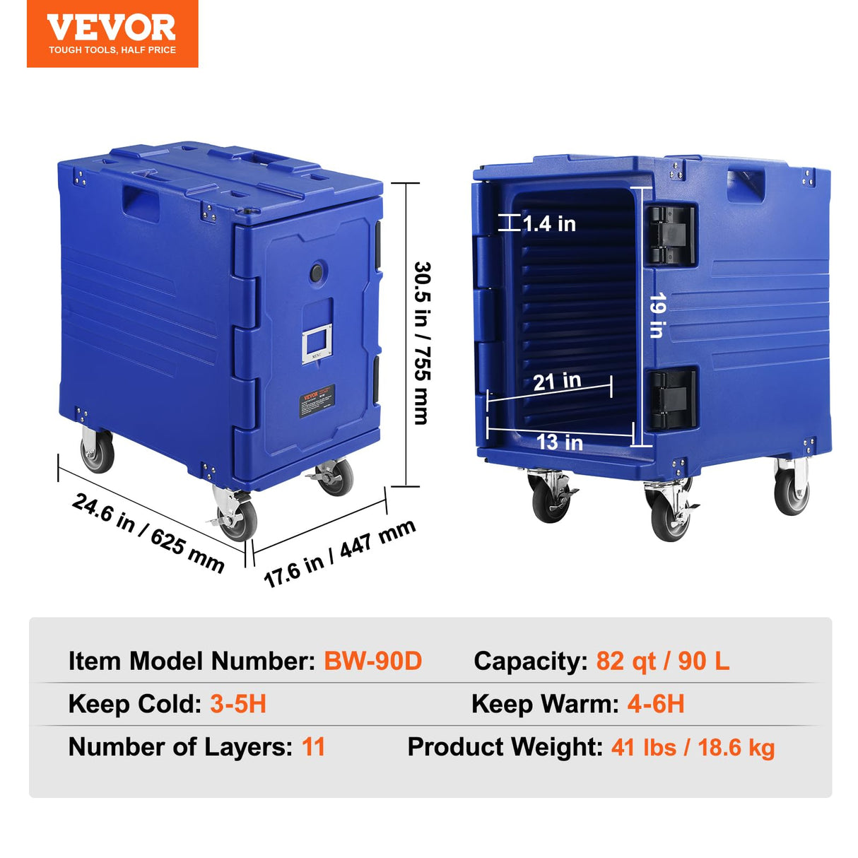 VEVOR Insulated Food Pan Carrier, 95 Qt Hot Box for Catering, LLDPE Food Box Carrier w/One-Piece Buckle, Front Loading Food Warmer w/Handles, End Loader w/Wheels for Restaurant, Canteen, etc. Blue