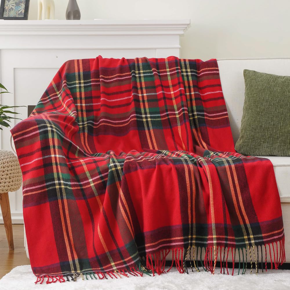 BATTILO HOME Christmas Red Plaid Throw Blanket for Couch, Bed, Super Soft Red Plaid Blankets,Soft Christmas Decorative Throw with Tassels 50"x60"