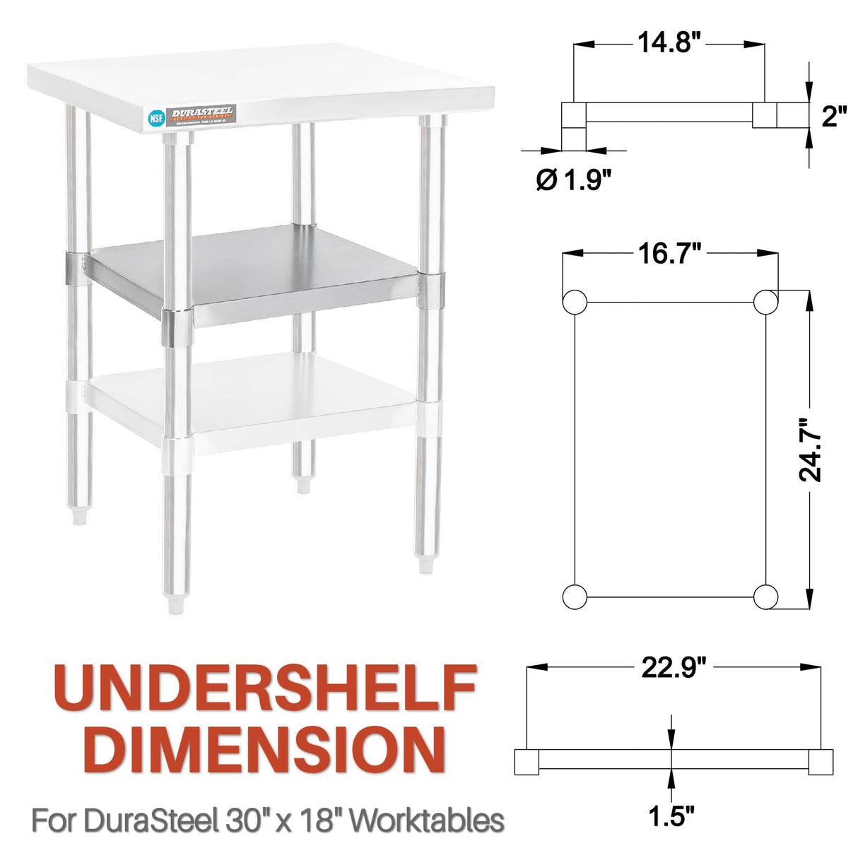 DuraSteel Galvanized Under Shelf for Work Tables - Extra Adjustable Lower Shelf for 30" x 18" Stainless Steel and Wooden Worktables - Fits for use in Restaurant, Warehouse, Home, Kitchen, Garage