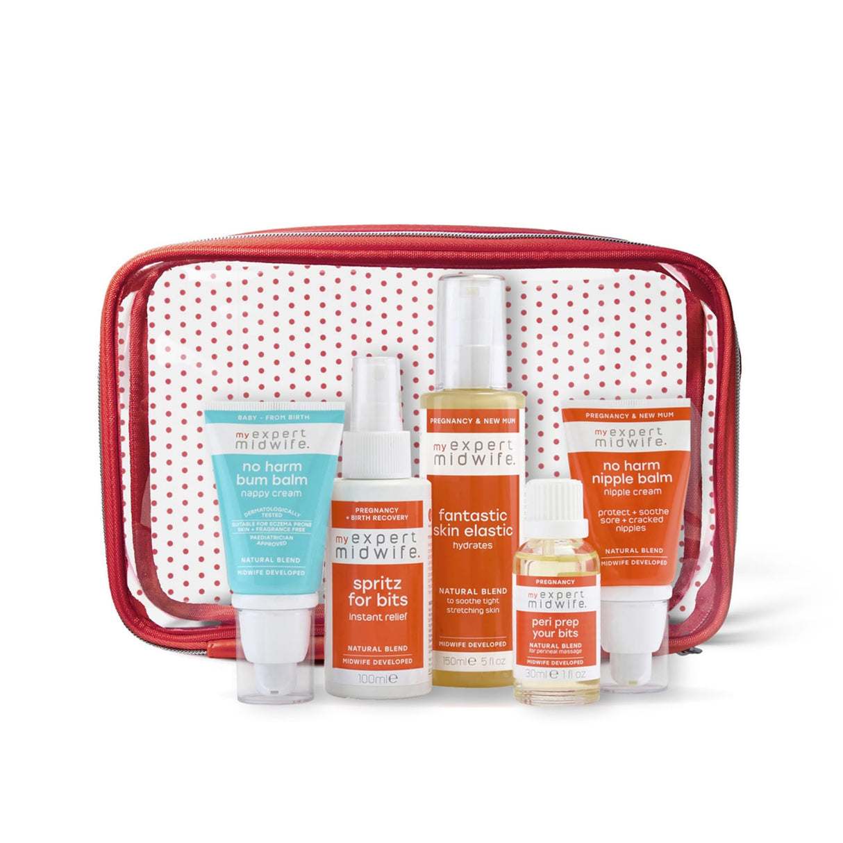 My Expert Midwife Mum to Be Pregnancy and Postnatal Maternity Essentials for Hospital Bag with Fantastic Skin Elastic, Peri Prep Your, Spritz for Bits, No Harm Nipple Balm & No Harm Bum Balm