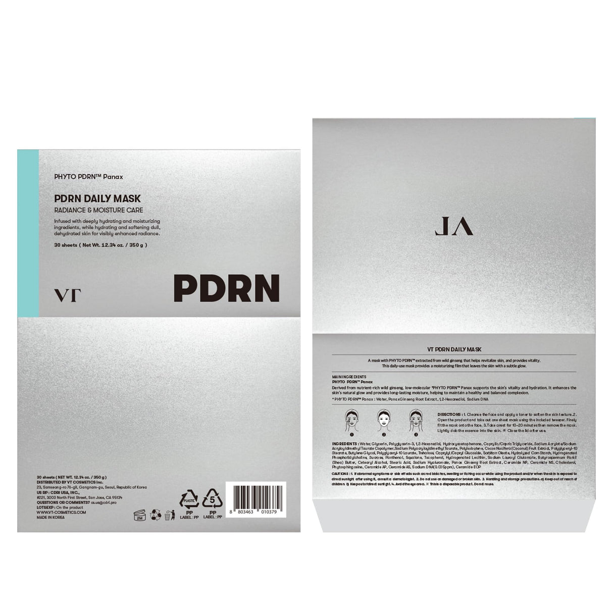 VT COSMETICS PDRN Daily Mask 30 Sheets, Vegan PDRN for Skin Restoration & Radiance, Hydrating & Moisturizing, Anti-Aging, Plumping Effect, Korean Face Mask (350g)