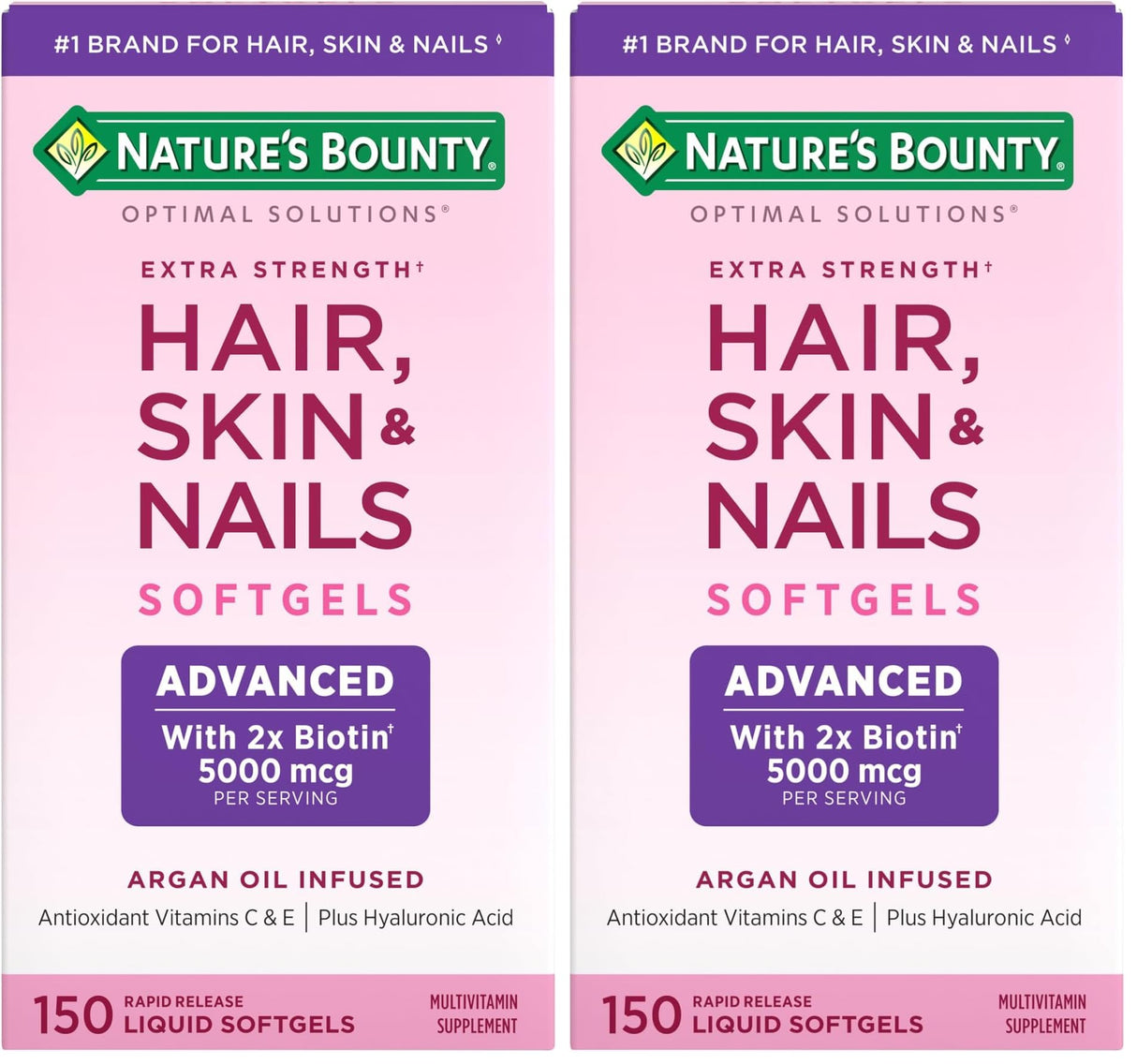 Nature's Bounty Advanced Hair, Skin & Nails, Argan-Infused Vitamin Supplement with Biotin and Hyaluronic Acid, 150 Rapid Release Softgels (Pack of 2)