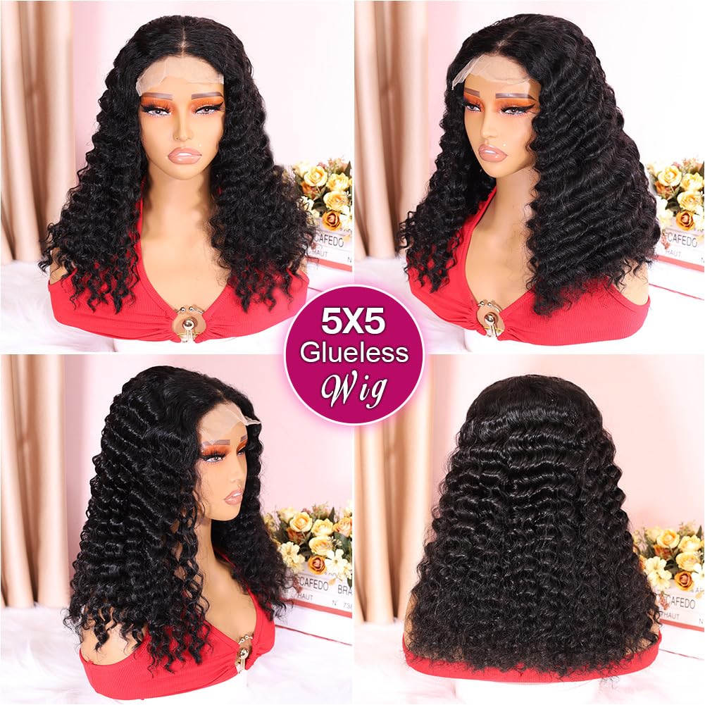 Ailwelia Curly 5x5 Bob Wig For Black Women Wear And Go Glueless Wig Deep Wave Bob Wig Human Hair Glueless Wigs Human Hair Pre Plucked 5x5 Hd Lace Closure Wigs Human Hair 16 Inch