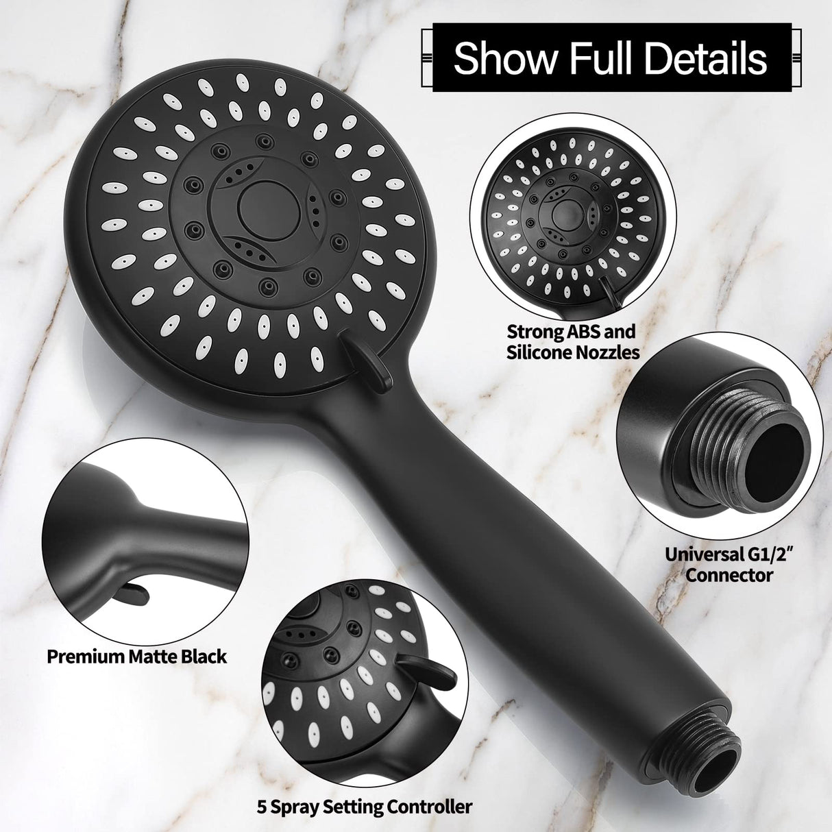 Shower Head with Handheld, Briout 5-Settings Showerhead High Pressure Powerful Water Spray Shower Head with Stainless Steel Hose and Adjustable Mount, Matte Black