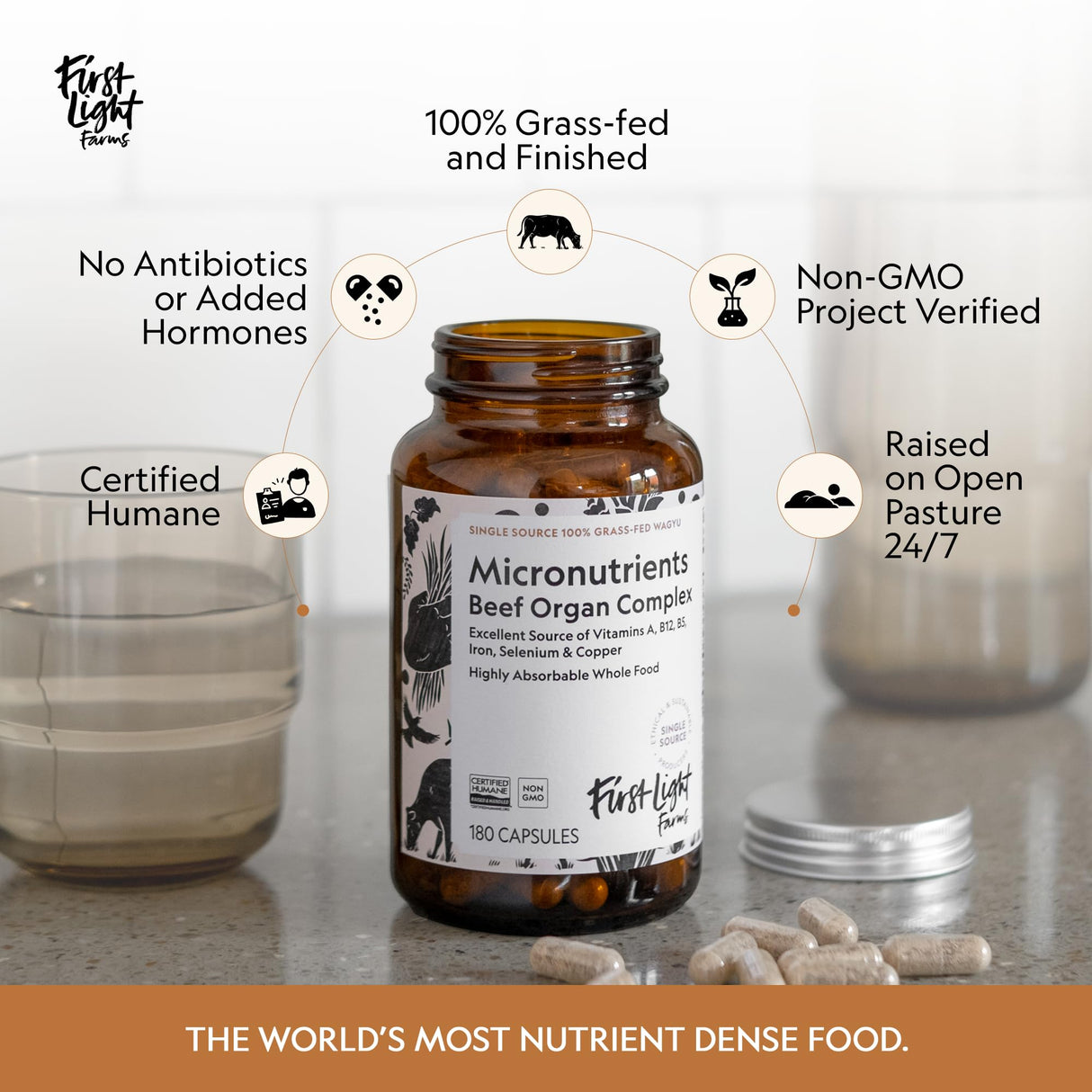 First Light Farms Freeze-Dried Wagyu Beef Organ Supplement Grass-Fed | 180 Capsules | Whole Food Nutrition with Liver, Heart, Kidney & Spleen | Beef Organ Complex, Certified Humane