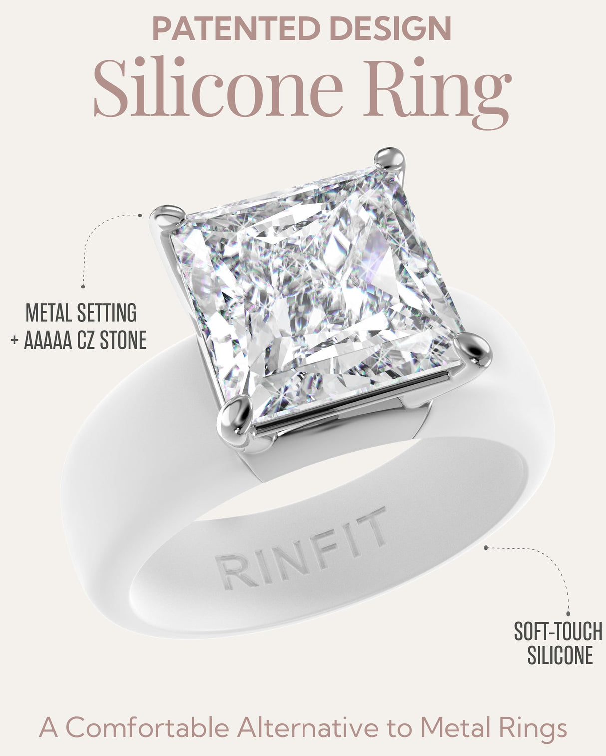 Rinfit Silicone Ring with Stone, Princess Cut CZ - Wht/Sil, Size 7
