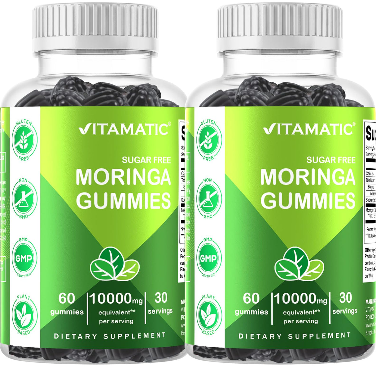 Vitamatic 2 Packs Sugar Free Moringa Gummies- 10000 mg Equivalent Per Serving (from 50:1 Extract 200 mg)- Complete Green Superfood 20X Extract - 60 Pectin Based Gummies