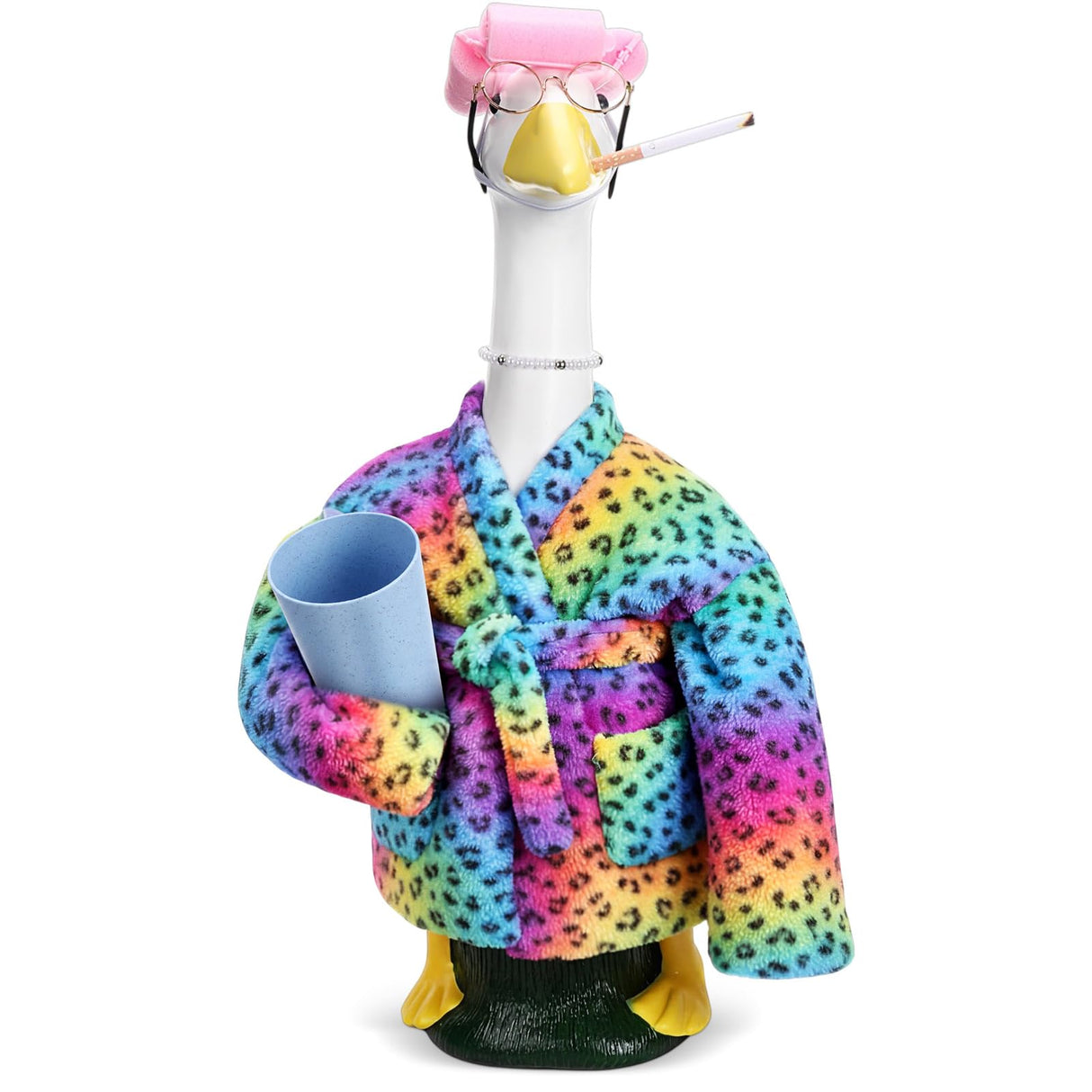 Sunnymove 23 Inch Porch Goose Statue Outfits Set Neon Rainbow Leopard Porch Goose Bathrobe Costumes with Clothes & Accessories for Patio Yard Garden Lawn Outdoor Decoration