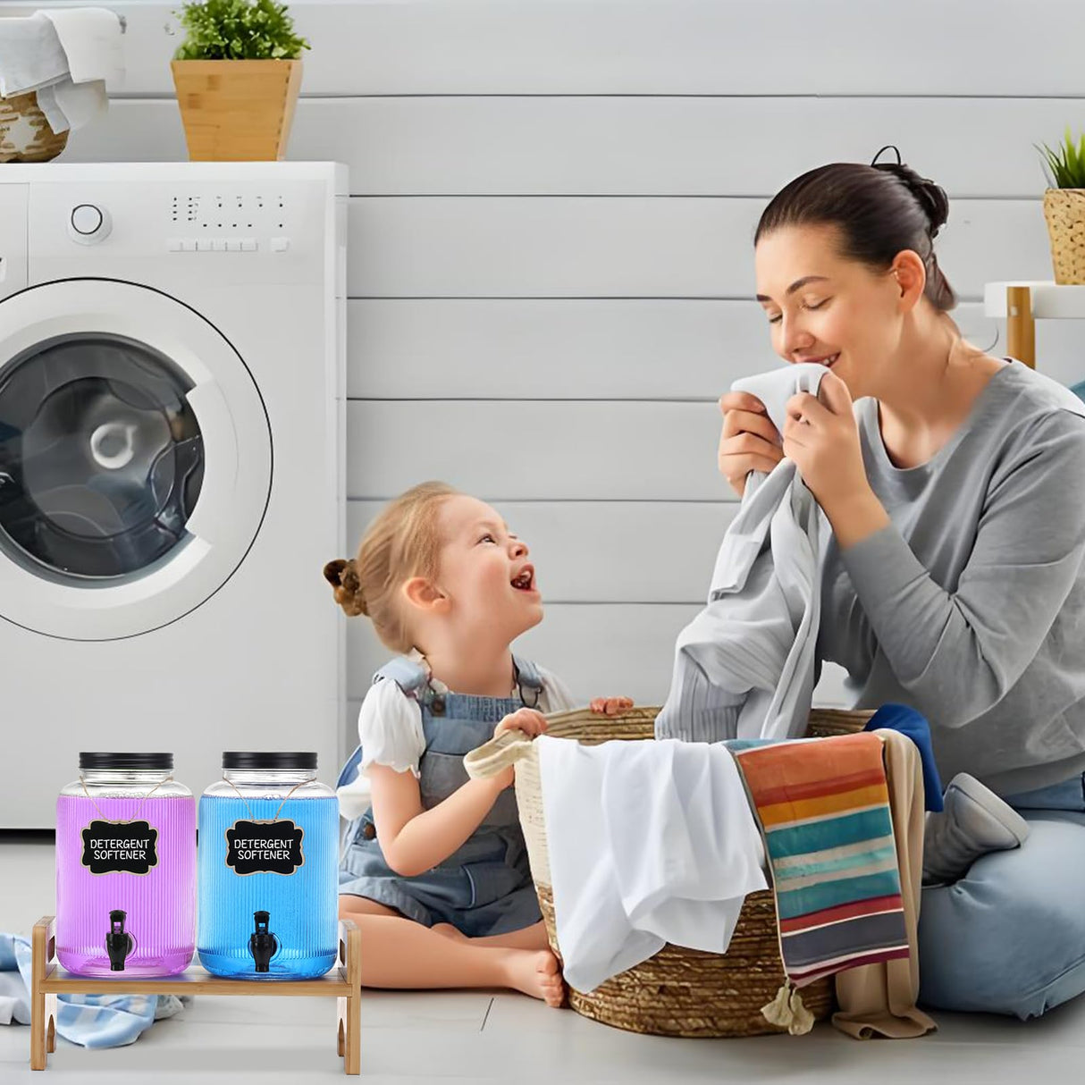 2-Pack Laundry Detergent Dispenser with Bamboo Stand,1 Gallon Laundry Soap Dispenser with Measuring Cup,Glass Laundry Detergent Containr for Laundry Room Organization and Storage