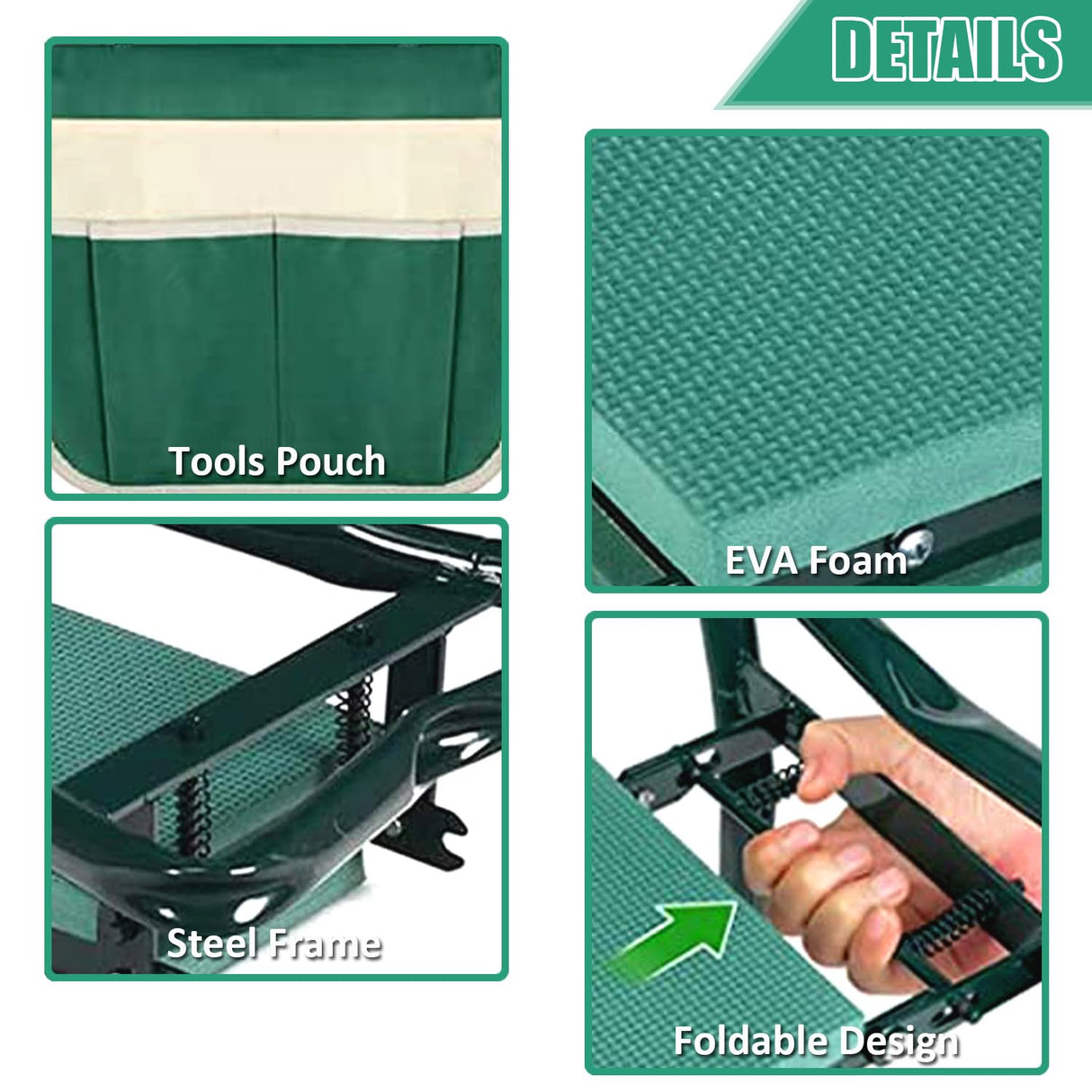 FozsKeylf Garden Kneeler and Seat, Soft EVA Kneeling Pad Stool with Tool Pouch, Heavy Duty Foldable Gardener Stool, Green