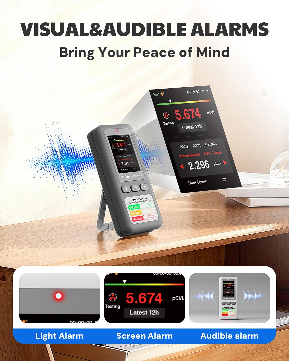 AEGTEST HOUND-1011S Portable Radon Detector, High-Accuracy Sensor for Home, Lightweight, Audible & Visual Alarms, Long-Term Monitoring, Easy-to-Use Radon Tester in pCi/L or Bq/m³ for Basement