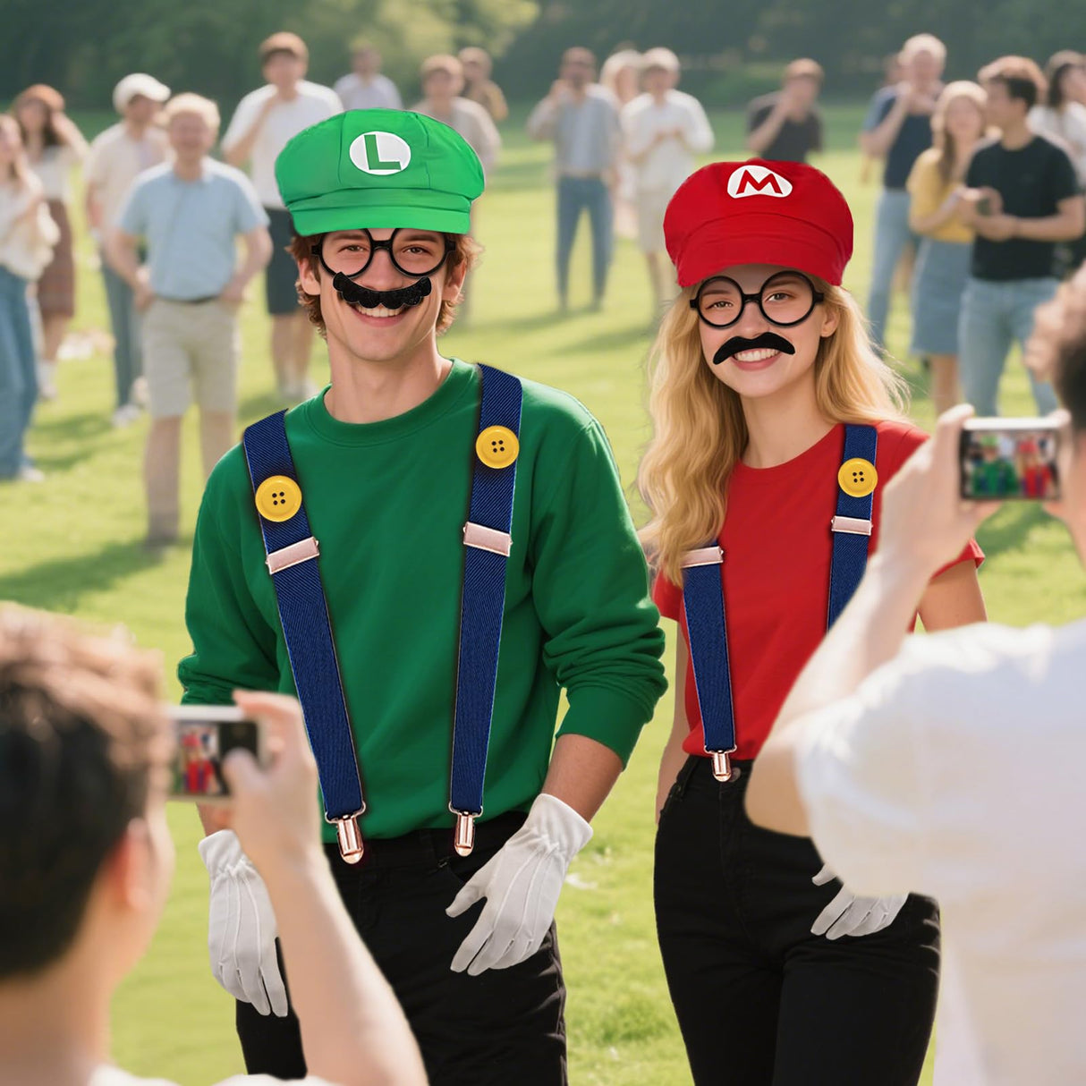 QRT Super Bros Costume Kit with Hat, Mustaches, Suspenders, Gloves Buttons ang Glasses frame for Halloween, Cosplay and Christmas (red&green)