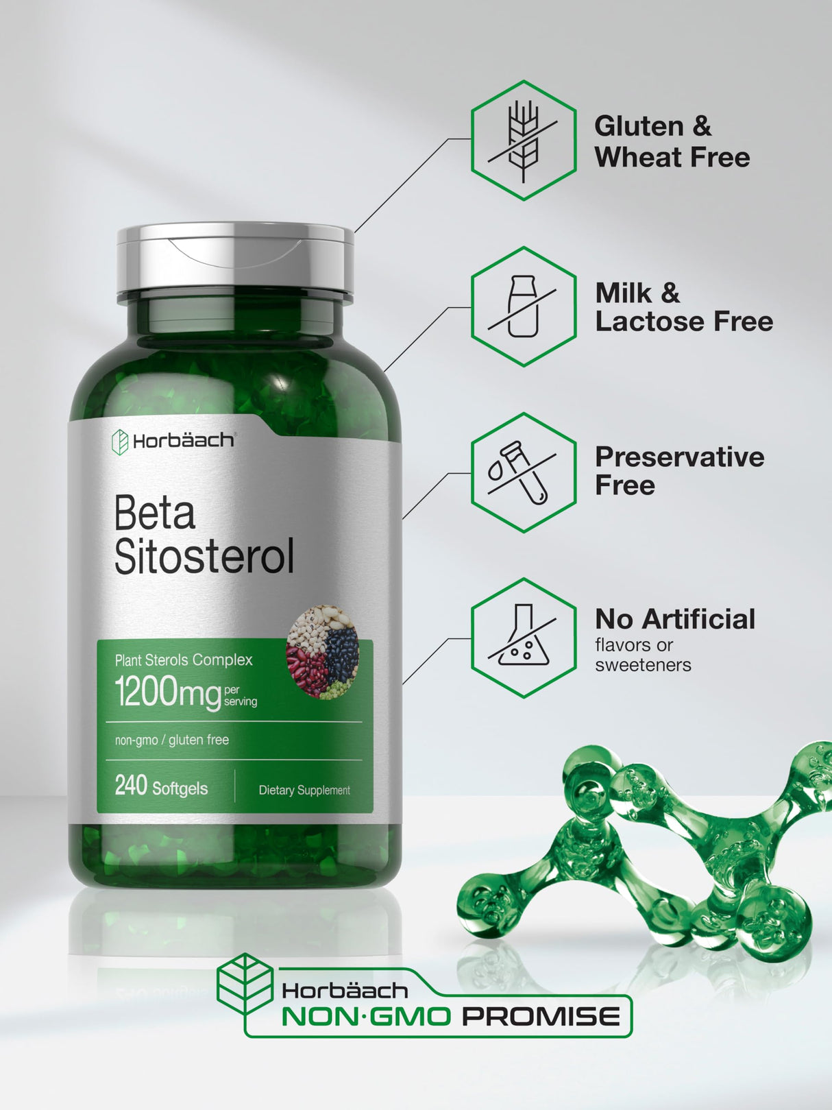 Horbäach Beta Sitosterol 1200mg | 240 Softgel Capsules | Mega Strength | Plant Sterols Complex | Non-GMO, Gluten Free Supplement