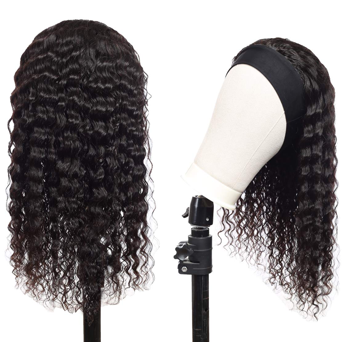 Headband Wig Human Hair Deep Wave 20 Inch Glueless None Lace Front Wigs Machine Made Half Wigs for Black Women 150% Density Deep Curly Wave Headband Wigs Human Hair Natural Color