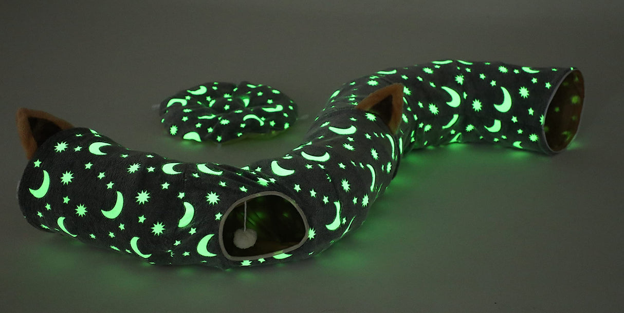 LUCKITTY Cat Tunnel Bed Under Christmas Tree with Plush Ball Toy Playground Crinkle Collapsible Self-Luminous Flannel Fabric 3FT for Large Cats Kittens Kitty Small Animals Puppy Grey Moon Star