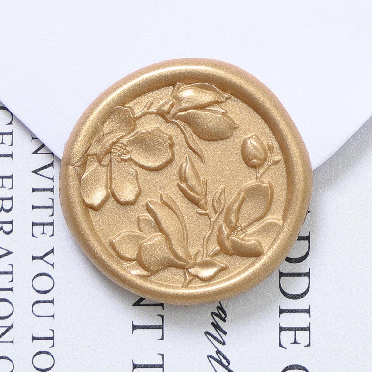 UNIQOOO Wax Seal Stickers - 3D Magnolia Wedding Invitation Envelope Botanical Seal Stickers, 100 Pcs Self-Adhesive Light Gold Stickers, Perfect for Invitations, Christmas, Gift Wrapping, Parties