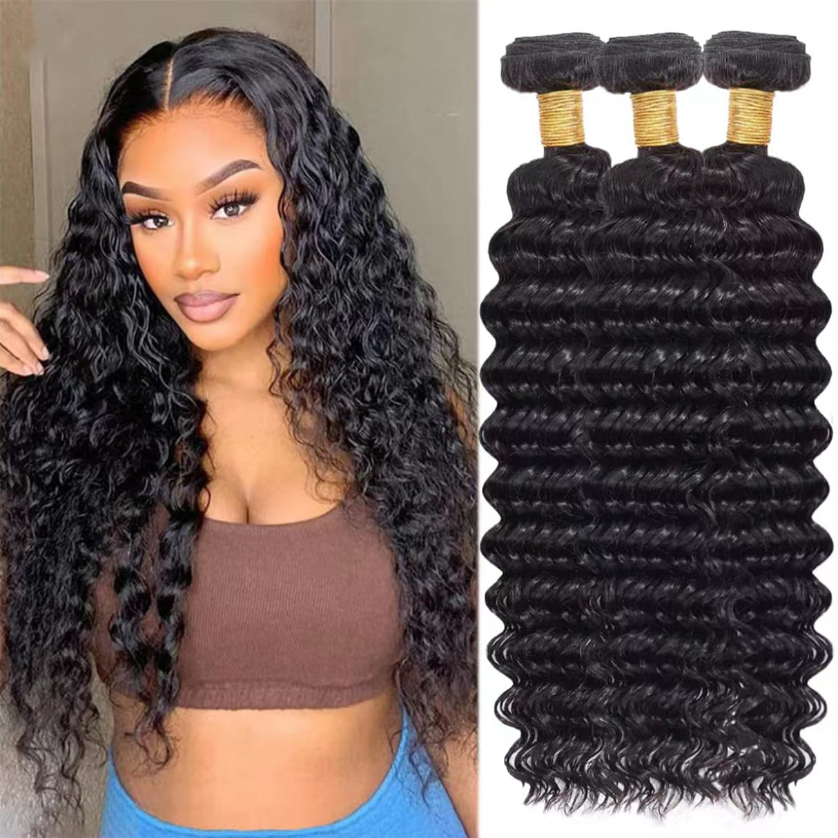 Deep Wave Human Hair Bundles 18 20 22 Inch Water Wave Bundles 12A Brazilian 100% Unprocessed Virgin Human Hair Wet and Wavy Bundles Double Weft Deep Curly Weave 3 Bundles Natural Black